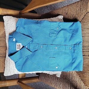 Ely Cattleman blue plaid, pearl snap button-down shirt, size L